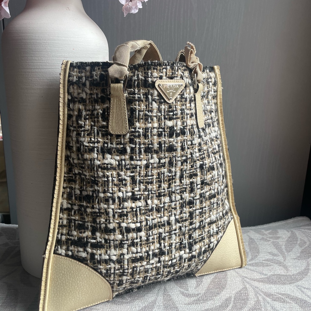 Prada Black And Tan Tweed Top Handle